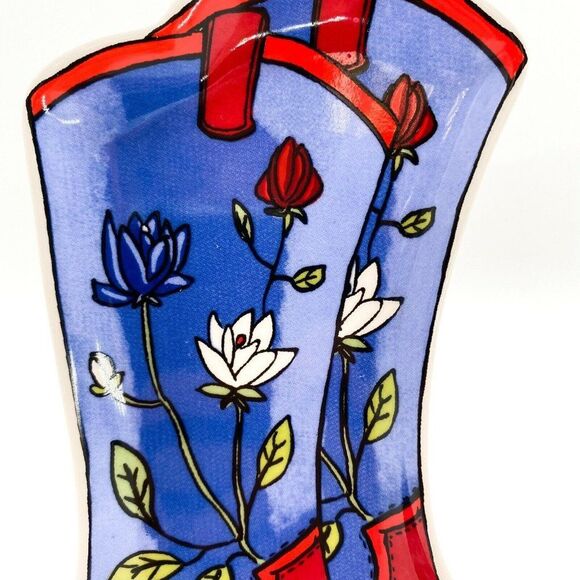 Pioneer Woman Country Western Boot Red Blue Small Plate Trinket Dish Stoneware - Picture 2 of 4